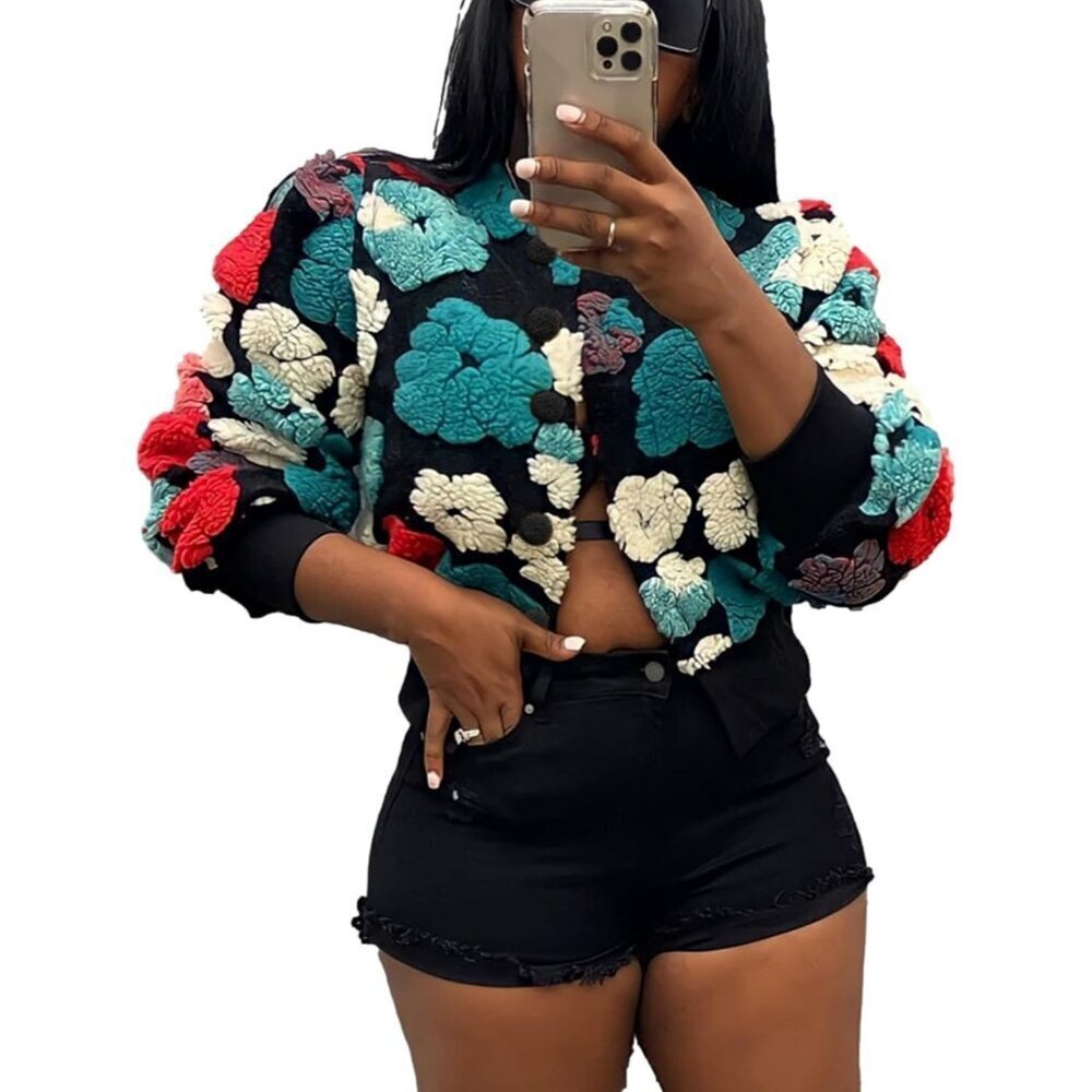 Women's Cropped Floral Print Jacket Long Sleeve Fleece Warm Bomber Jacket Green